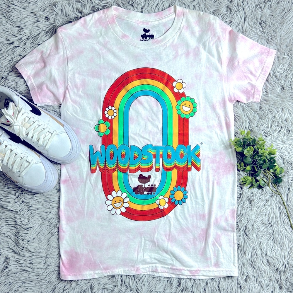 Woodstock pink tie dyed graphic tee size s